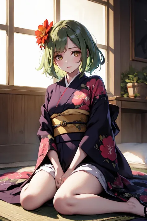 masterpiece, best quality, absurdres, 1girl, solo, green hair, yellow eyes, medium hair, medium breasts, indoors, kimono, hair flower, floral print, wariza, sitting, hands on own knees, <lora:STYLE-Ke-Ta_v1.1.6:1.0>