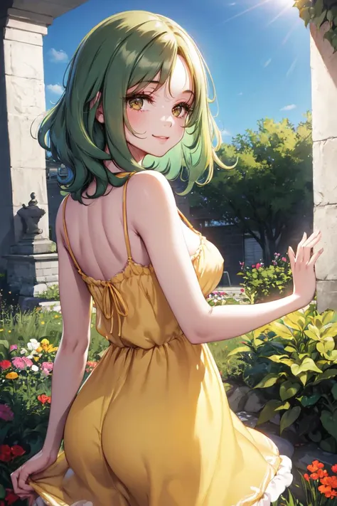 masterpiece, best quality, absurdres, 1girl, solo, green hair, yellow eyes, medium hair, medium breasts, from behind, (yellow sundress), garden, day, sunshine, smile, looking back, <lora:STYLE-Ke-Ta_v1.1.6:1.0>