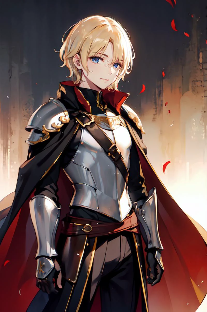 <lora:STYLEKe-Ta_v1.1.6:1>,, ultra detailed, masterpiece, best quality, solo, smile, red theme, 1boy, blue eyes, medium blonde hair, parted bangs, hair intakes, male focus, muscular male, armor, pauldrons, cuirass, gauntlets, waist cape, greaves, black bodysuit, surcoat, shoulder sash, wing shoulder armor, cape, pants,