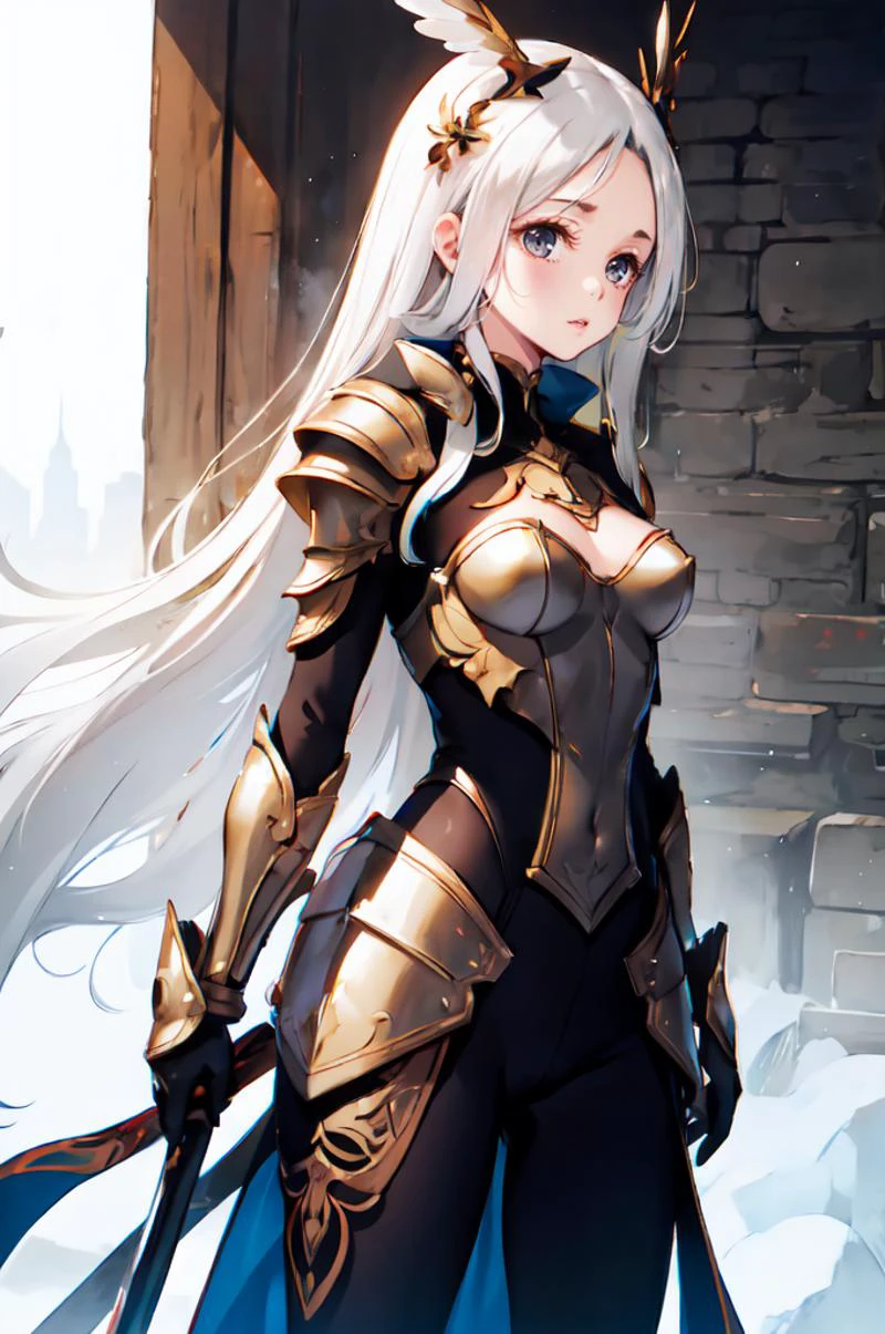 <lora:STYLEKe-Ta_v1.1.6:1>,, ultra detailed, masterpiece, best quality, solo, serious, 1girl, (white eyes:1.1), (grey eyes:1.3), white hair, very long hair, parted hair, parted bangs, <lora:parted_hair_v1.3:1.3>, medium breasts, valkyrie, (bodysuit:1.1), pink wing hair ornament, grey armored skirt, black bodysuit, armor, gauntlets, pink breastplate, greaves, armored dress, pink hues,