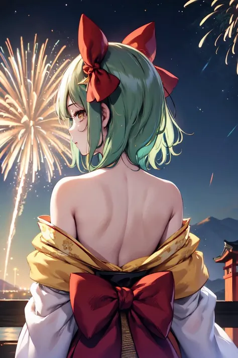 masterpiece, best quality, absurdres, 1girl, solo, green hair, yellow eyes, medium hair, medium breasts, aurora, back, bare back, bare shoulders, bow, constellation, crescent moon, (facing away:1.3), fireworks, from behind, hair ornament, japanese clothes, kimono, light particles, long sleeves, off shoulder, <lora:STYLE-Ke-Ta_v1.1.6:1.0>