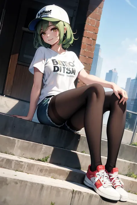 masterpiece, best quality, absurdres, solo, green hair, yellow eyes, medium hair, medium breasts, baseball cap, graphic tee, denim shorts, pantyhose under shorts, sitting, stairs, outdoors, city, smile, dutch angle, full body, sneakers, <lora:STYLE-Ke-Ta_v1.1.6:1.0>