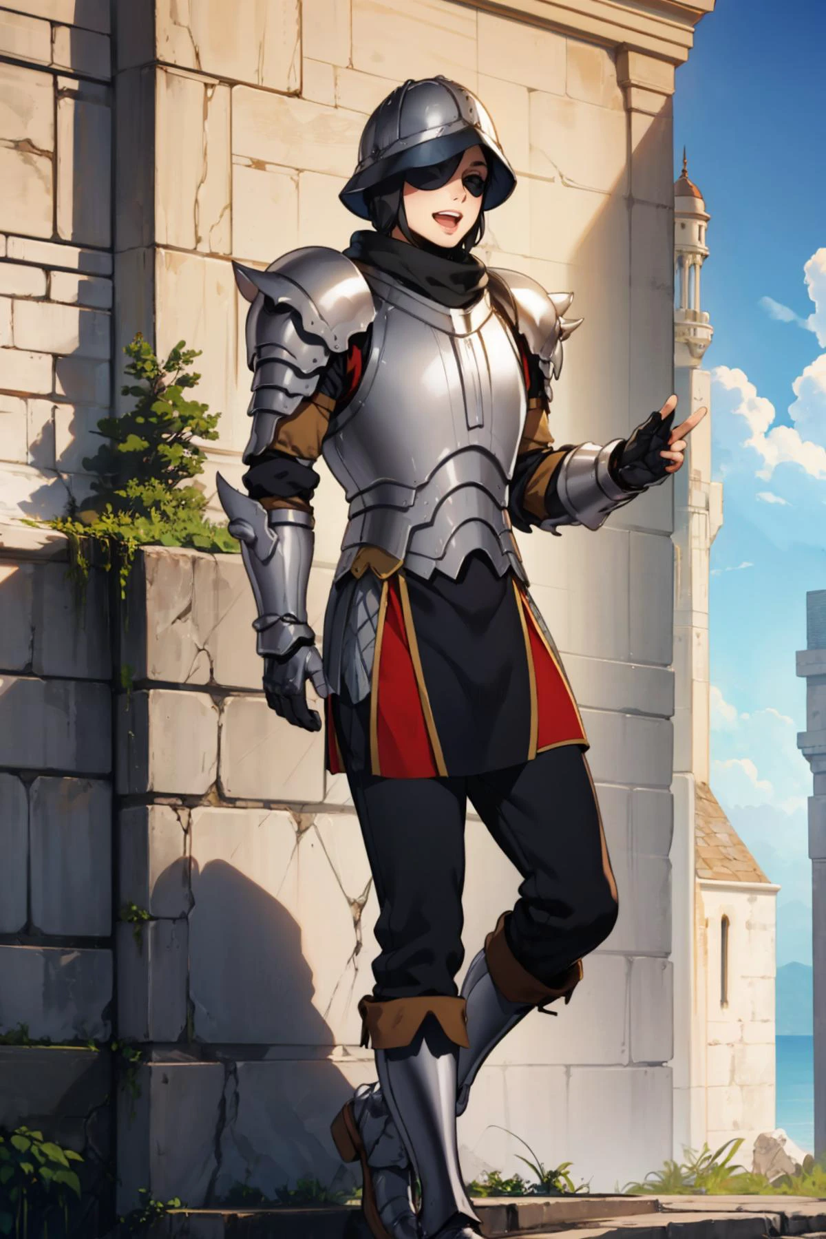 masterpiece, best quality, <lora:STYLE-Ke-Ta_v1.1.6:1> <lora:gatekeeper-nvwls-v1-final:0.8> gatekeeper, helmet, full armor, gauntlets, armored boots, covered eyes, :D, castle, stone walls