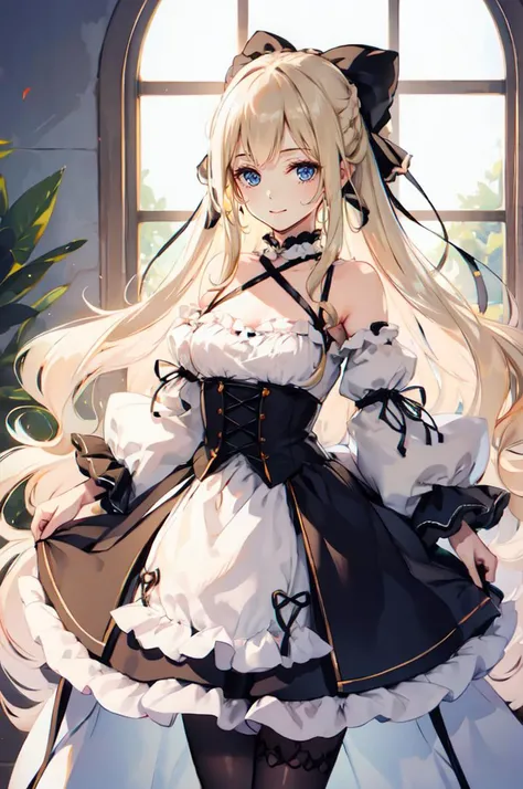 <lora:STYLEKe-Ta_v1.1.6:1>, ultra detailed, masterpiece, best quality, solo, soft smile, light smile,
1girl, blue eyes, very long hair, blonde hair, long blonde hair, french braid, bangs, medium breasts,
hair ribbon, frilled choker, criss-cross halter, sleeveless dress, high-waist skirt, backless dress, waist bow, detached sleeves, frilled sleeves, wide sleeves, pantyhose, patterned legwear, mary janes,