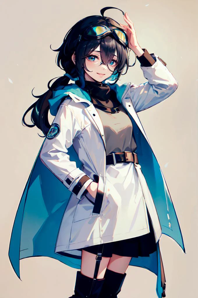 <lora:STYLEKe-Ta_v1.1.6:0.75>, white and blue theme, <lora:UntuckedShirt:1>, ultra detailed, masterpiece, best quality, solo, smile, 1girl, (teal eyes:1.1), (aqua eyes:0.45), (black hair:1.2), <lora:low_ponytail-1.0:0.95> low ponytail, ahoge, low ponytail, absurdly long hair, very long hair, (hair flaps:1.2), flipped hair, hair between eyes, bangs, messy hair, small breasts, (goggles on head:1.3), hooded coat, open coat, turtleneck, capri pants, black knee boots, multiple belts, multiple straps, white long jacket, white coat, (half-skirt:0.65), layered clothes, hair ribbon,