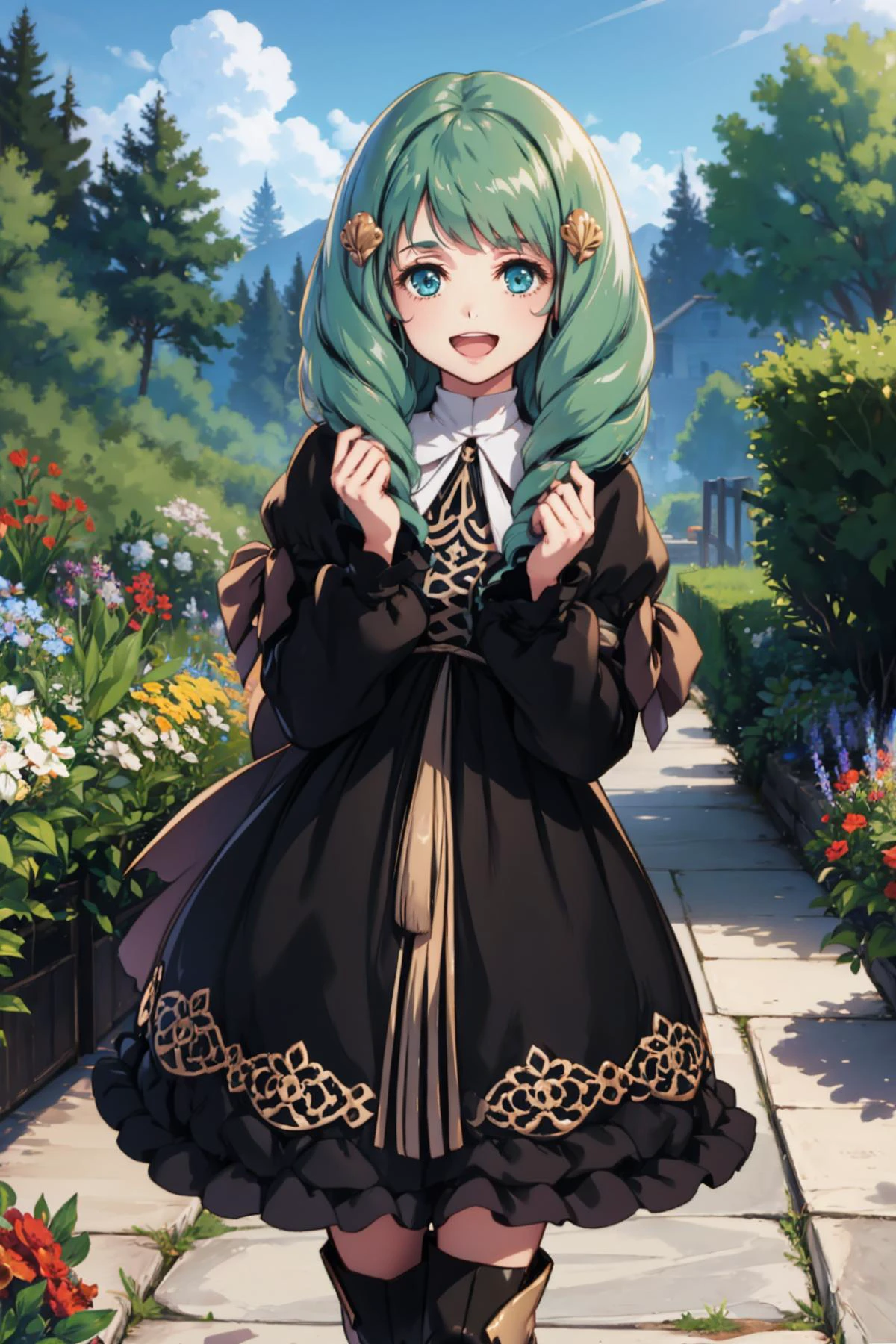 masterpiece, best quality, <lora:STYLE-Ke-Ta_v1.1.6:1> <lora:flayn-nvwls-v1-final:0.9> flayn, hair ornaments, black dress, blue pantyhose, knee boots, garden, :D