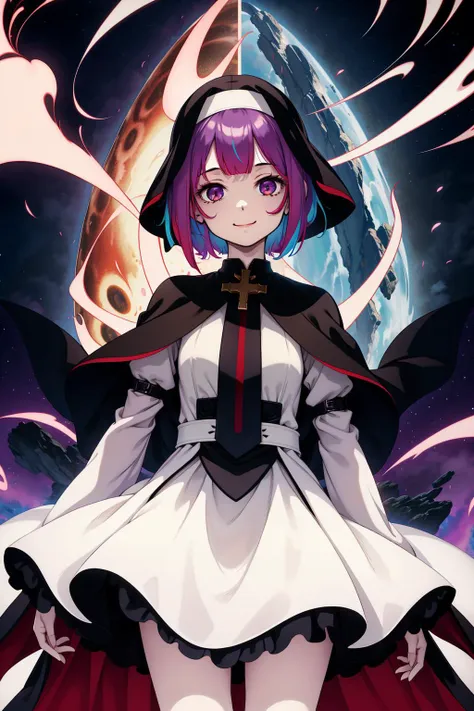 split, heaven and hell, cavern, clouds, multicolored background, multicolored lights, magic, black hole, 1girl, nun, purple short hair, white dress, white armor, cross, smile, cowboy shot, heavenly aura, <lyco:STYLE-Ke-Ta_v1.1.6:1>