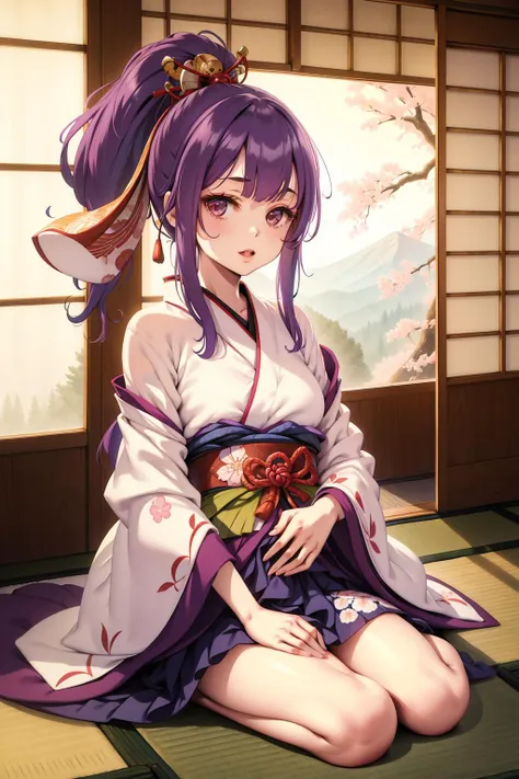 indoors, tatami, shoji screens, japanese garden, cherry blossoms, 1girl, purple hair, ponytail, japanese clothes, looking at viewer, seiza, japanese clothes, patting lap, lap pillow, lap pillow invitation, <lyco:STYLE-Ke-Ta_v1.1.6:1>