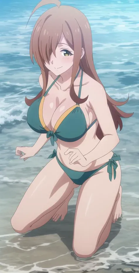 (best quality:1.5, highres, UHD, 4K, detailed lighting, shaders), asuna yuuki, light brown long hair, busty, bikini, standing, sweaty, pov, close shot, smiling, beach background, (groping breasts)