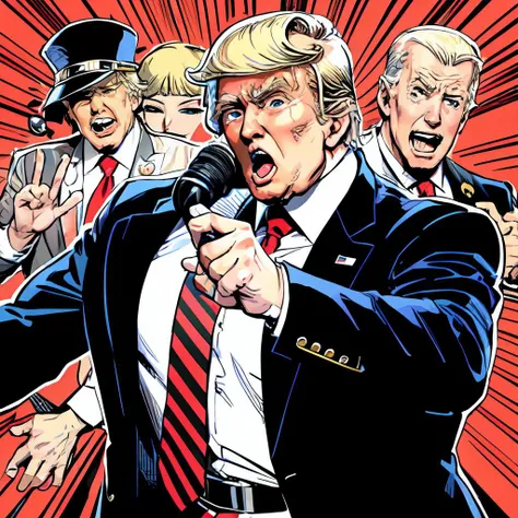 <lora:D.Trump_v1:0.5>,Donald Trump, (masterpiece, best quality,jojo),(2man),(fighting with Joe Biden),ToonShading,bold outlines,(manga influence:1.3),clean linework,striking visuals,comic art style,