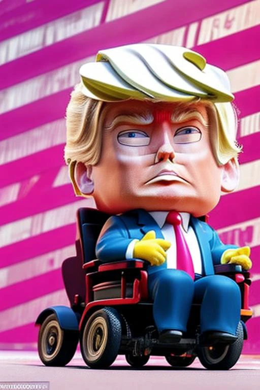 colorful background, Donald Trump in a wheelchair in the middle of a cityscape, <lora:D.Trump_v1:1.3>