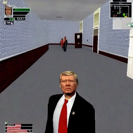 US President Donald Trump, 3d graphics, screenshot from a ps2 game, Manhunt 2 by Rockstar<lora:donaldTrump_v1:1>