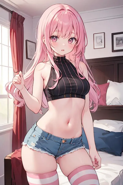Highest quality 8K resolution,masterpiece, Exquisite detail, Realistic, Realistic, Soft tones,Color Palette, Alone, (20 year old girl:1.6),(Small eyes:1.5), (Long Straight Hair:1.5), Shiny light pink hair,Asymmetrical bangs,No bra, (Sleeveless lift:1.6),(Simple underwear),Beautiful proportions,(Happy face:1.4),Open your mouth,(Shiny white skin),Very beautiful detailed eyes,blue eyes, (Mid-chest), necklace,Earrings,accessories,Cowboy Shot, Are standing, indoor,Detailed clothing,(Embarrassed look),7 lifespan,(Standard body type)