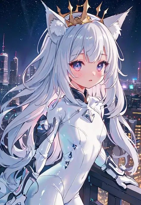 cute, adorable, petite, medium breasts, gray hair, wolf ears, crown, tiara, cityscape, night city, starry sky, neon lights, buildings, skyscrapers, city lights, white bodysuit, white latex bodysuit, small breasts, highres, absurdres, masterpiece, ultra detailed, intricate detail, extremely detailed, unity cg, 8k wallpaper, amazing, ultra-detailed illustration, cinematic lighting, extremely detailed illustration, incredibly absurdres, blender cg, elegant lady, beautiful detailed face, beautiful detailed eyes, perfectly proportioned, perfect proportion, insane details, hyperdetailed, high detail, hyper quality, intricate details, ultra detailed