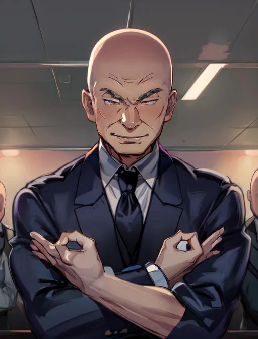 best quality, masterpiece, highres, detailed, digital artwork, <lora:Detail - add_detail:0.2>, SaitamaPose, <lyco:SaitamaPose:1.1>, crossed arms, ok sign, c-tadokoro, bald, evil smile, formal, suit and tie, office,  <lora:Character - Tadokoro:0.8>, 1man,