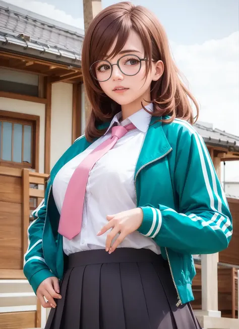 masterpiece, (photorealistic:1.5), best quality, beautiful lighting, real life, <lora:yuzuriha_maimai-10:1>, yuzuriha_maimai, thick eyebrows, brown hair, green eyes, medium hair, glasses, round eyewear, track jacket, green jacket, open jacket, white shirt, collared shirt, shirt tucked in, pink necktie, pleated skirt, black skirt, outdoors, japanese, teen, upper body