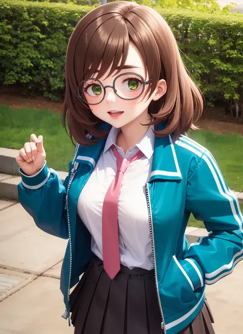masterpiece, best quality, ultra-detailed, illustration, <lora:yuzuriha_maimai-10:0.9>, yuzuriha_maimai, thick eyebrows, brown hair, green eyes, medium hair, glasses, round eyewear, track jacket, green jacket, open jacket, white shirt, collared shirt, shirt tucked in, pink necktie, pleated skirt, black skirt, outdoors, japanese, teen, upper body, naughty face