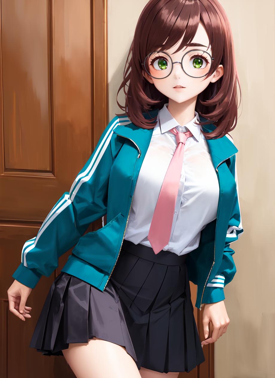 A close up of a woman in a skirt and jacket posing - SeaArt AI