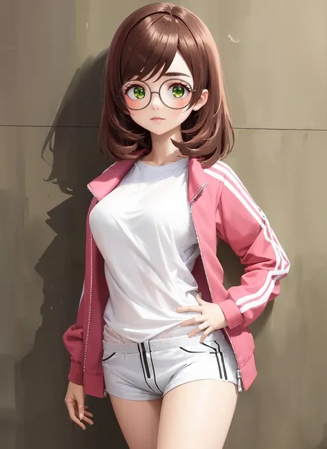 masterpiece, best quality, ultra-detailed, illustration, <lora:yuzuriha_maimai-v24:0.9>, 1girl, solo, maimaipink, brown hair, medium hair, thick eyebrows, green eyes, glasses, round eyewear, track jacket, pink jacket, print jacket, long sleeves, partially unzipped, sleeves rolled up, white t-shirt, print shirt, white short shorts