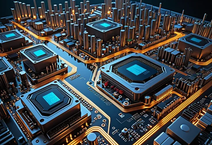 masterpiece, best quality, 8k, professional , by famous artist , trending on artstation, intricated details, detailed, realsitic, boekh , photorealistic, dark shadows, natural light, dramatic, source realistic, Electronics and Circuit Boards - The complex and colorful world of electronic circuit boards, with their components and pathways, can look like futuristic cities at a macro scale.
