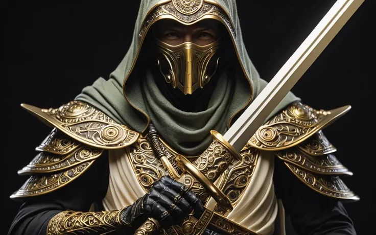 Alien-themed sage, ivory, and brass sword held by the master ninja. . Extraterrestrial, cosmic, otherworldly, mysterious, sci-fi, highly detailed . Extraterrestrial, cosmic, otherworldly, mysterious, sci-fi, highly detailed