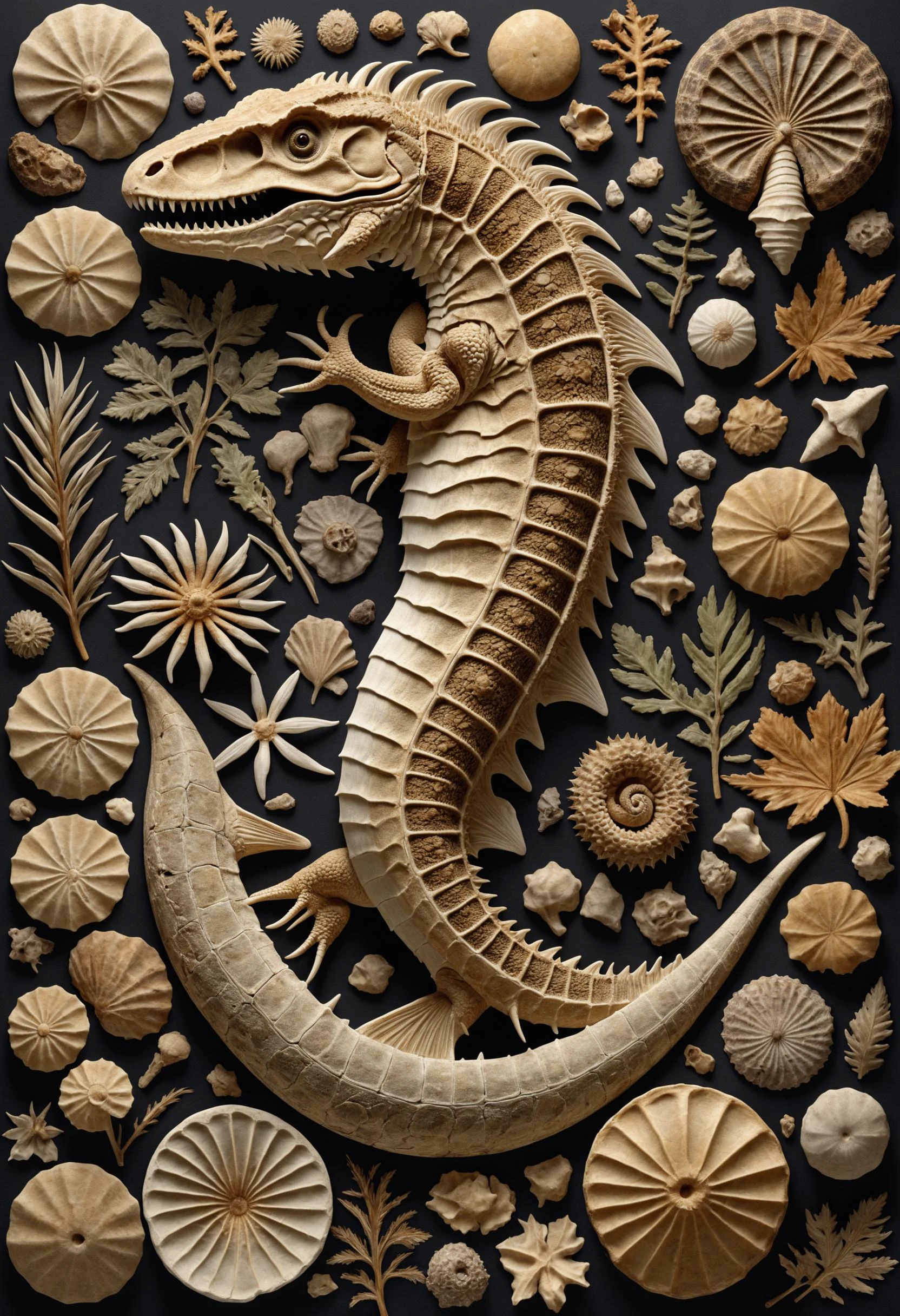 masterpiece, best quality, 8k, professional , by famous artist , trending on artstation, intricated details, detailed, realsitic, boekh , photorealistic, dark shadows, natural light, dramatic, source realistic, Fossils: Photograph fossils of various animals and plants to capture their intricate details and textures.