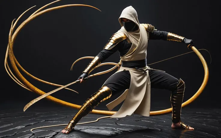 anime artwork Dark fantasy concept art of   futuristic  style [minimalist] ivory and brass  master ninja. Uses his whip to snatch a colorful lizard from the wet slate ground, black brass gloves. typical slashing stance. . magnificent, celestial, evil, cinematic, epic, majestic, magical, fantasy photography, cover art, gritty and realistic . anime style, key visual, vibrant, studio anime,  highly detailed