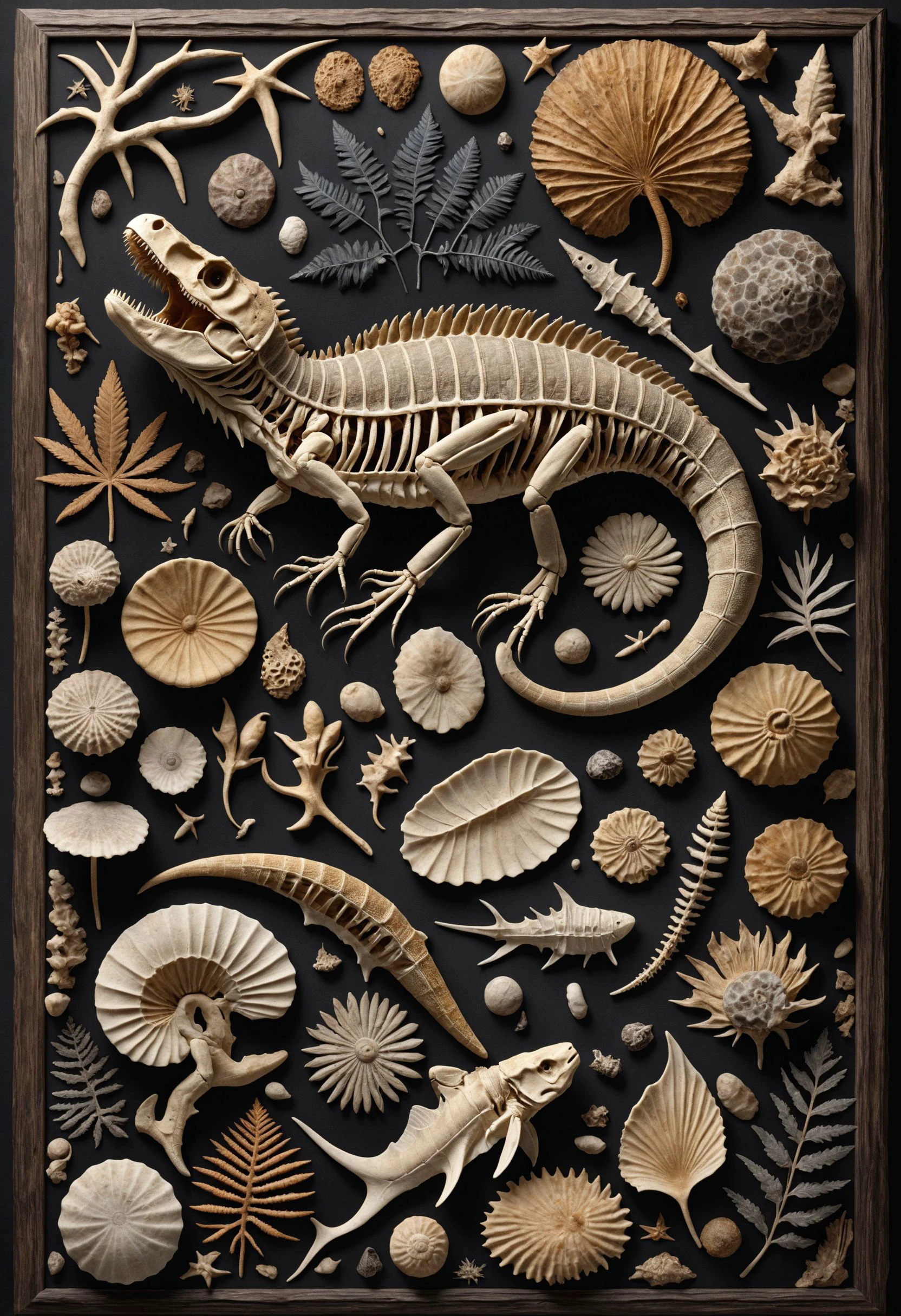 masterpiece, best quality, 8k, professional , by famous artist , trending on artstation, intricated details, detailed, realsitic, boekh , photorealistic, dark shadows, natural light, dramatic, source realistic, Fossils: Photograph fossils of various animals and plants to capture their intricate details and textures.