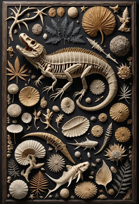 masterpiece, best quality, 8k, professional , by famous artist , trending on artstation, intricated details, detailed,   realsitic, boekh , photorealistic,  dark shadows, natural light, dramatic,  source realistic, Fossils: Photograph fossils of various animals and plants to capture their intricate details and textures.