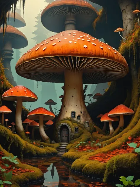 Dystopian style (detailed grungy shock art) ridges of thick paint create a trippy scene, a giant mushroom is hope to tiny robotic ant like workers, brilliant glowing accents inside the labyrinth, ridges of thick paint create shadows and thick colorful texture with ultra fine details, fall colors, . Bleak, post-apocalyptic, somber, dramatic, highly detailed