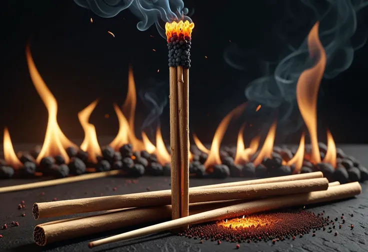masterpiece, best quality, 8k, professional , by famous artist , trending on artstation, intricated details, detailed, realsitic, boekh , photorealistic, dark shadows, natural light, dramatic, source realistic, Macro view of a burning match or incense stick