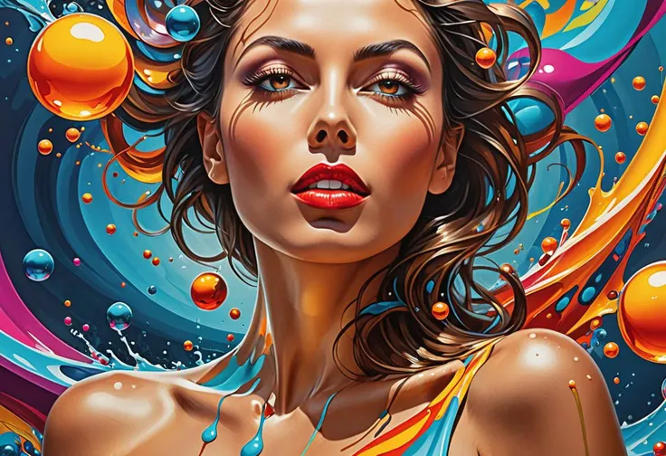 Cubist artwork beautiful woman, seduction model, bright colors, liquid environment, paint flow, immersion, splashes, drips, bubbles, color orbs, powerful tones, low angle, cinematic poster quality, fine art, hyper detailed, masterpiece, sublime art, balance, sweetness, intricate and suggestive details, 8K, hyperrealistic <lora:Artists_Edge-000006:0.3> . Geometric shapes, abstract, innovative, revolutionary
