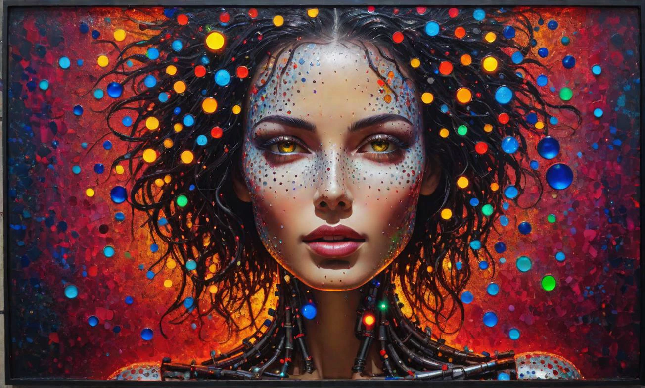Pointillism style When dreams collide, A highly abstract oil painting, A beautiful female robot made from hammered steel, [[colorful painted wall background]], (sarcastic smile:0.64) [mixed color accents], [tiny led lights set beneath translucent chassis sections] A RAW photograph of a beautiful woman made of glass., neon glowing attitude,  ((head and face made of glass)) . Composed entirely of small, distinct dots of color, vibrant, highly detailed