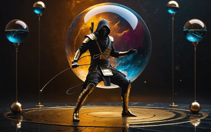 Disco-themed Dark fantasy concept art of   futuristic  style [minimalist] ivory and brass  master ninja. Uses his whip hit a colorful floating glass sphere from the air, pieces of glass all to the wet slate ground, black brass gloves. typical slashing stance. . magnificent, celestial, evil, cinematic, epic, majestic, magical, fantasy photography, cover art, gritty and realistic . Vibrant, groovy, retro 70s style, shiny disco balls, neon lights, dance floor, highly detailed
