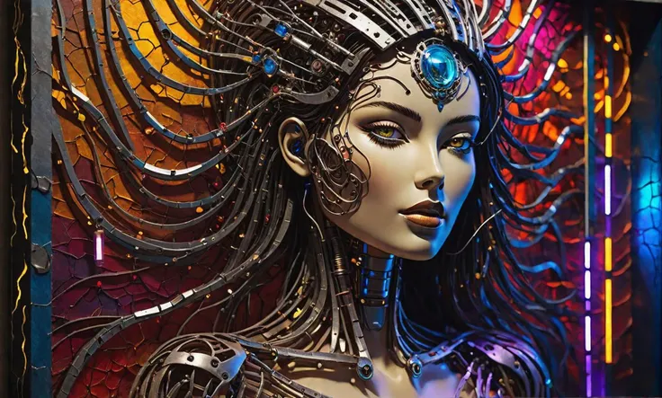 Thick layered papercut art of When dreams collide, A highly abstract oil painting, A beautiful female robot made from hammered steel, [[colorful painted wall background]], (sarcastic smile:0.64) [mixed color accents], [tiny led lights set beneath translucent chassis sections] A RAW photograph of a beautiful woman made of glass., neon glowing attitude,  ((head and face made of glass)) . Deep 3D, volumetric, dimensional, depth, thick paper, high stack, heavy texture, tangible layers