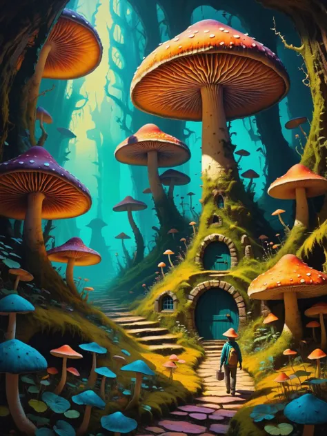 Dystopian style (detailed grungy shock art) ridges of thick paint create a trippy scene, a giant mushroom is hope to tiny robotic ant like workers, brilliant glowing accents inside the labyrinth, ridges of thick paint create shadows and thick colorful texture with ultra fine details, fall colors, . Bleak, post-apocalyptic, somber, dramatic, highly detailed