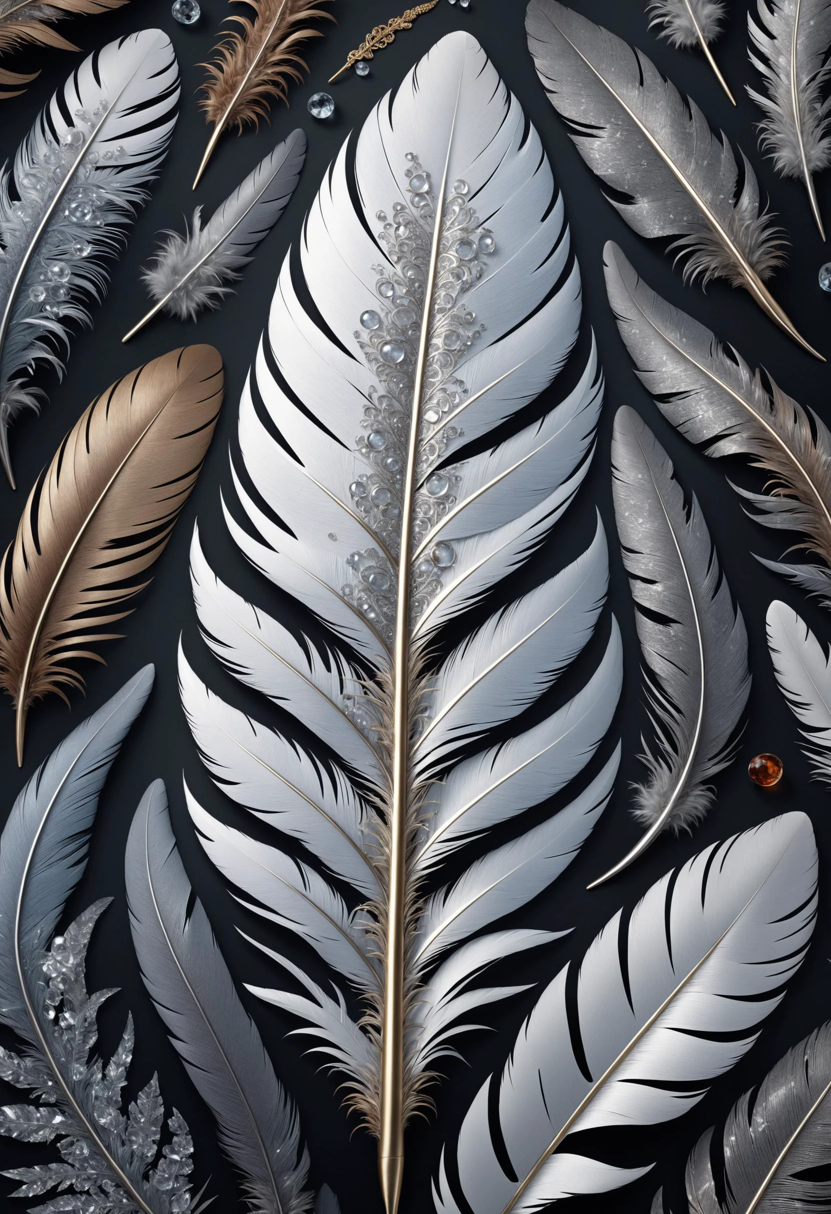 masterpiece, best quality, 8k, professional , by famous artist , trending on artstation, intricated details, detailed, realsitic, boekh , photorealistic, dark shadows, natural light, dramatic, source realistic, Frozen feathers: Find feathers covered in frost or ice crystals, showcasing the delicate and detailed patterns of the feather's structure.