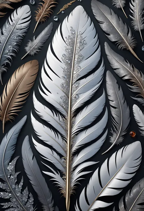 masterpiece, best quality, 8k, professional , by famous artist , trending on artstation, intricated details, detailed, realsitic, boekh , photorealistic, dark shadows, natural light, dramatic, source realistic, Frozen feathers: Find feathers covered in frost or ice crystals, showcasing the delicate and detailed patterns of the feather's structure.
