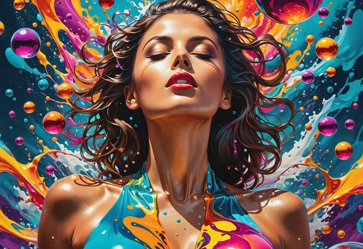 Collage style beautiful woman, seduction model, bright colors, liquid environment, paint flow, immersion, splashes, drips, bubbles, color orbs, powerful tones, low angle, cinematic poster quality, fine art, hyper detailed, masterpiece, sublime art, balance, sweetness, intricate and suggestive details, 8K, hyperrealistic <lora:Artists_Edge-000006:0.3> . Mixed media, layered, textural, detailed, artistic
