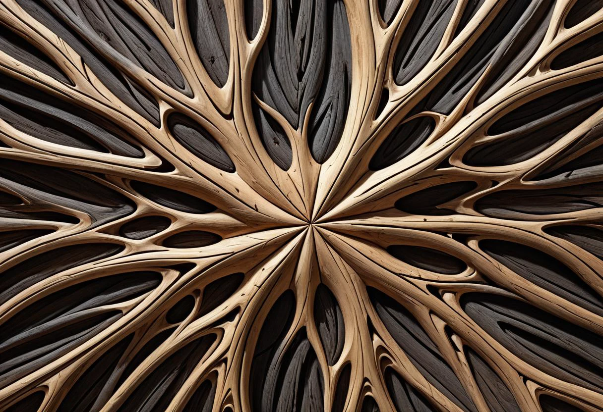 masterpiece, best quality, 8k, professional , by famous artist , trending on artstation, intricated details, detailed, realsitic, boekh , photorealistic, dark shadows, natural light, dramatic, source realistic, The fascinating patterns and textures found on the surface of a piece of driftwood, carved by the elements over time.