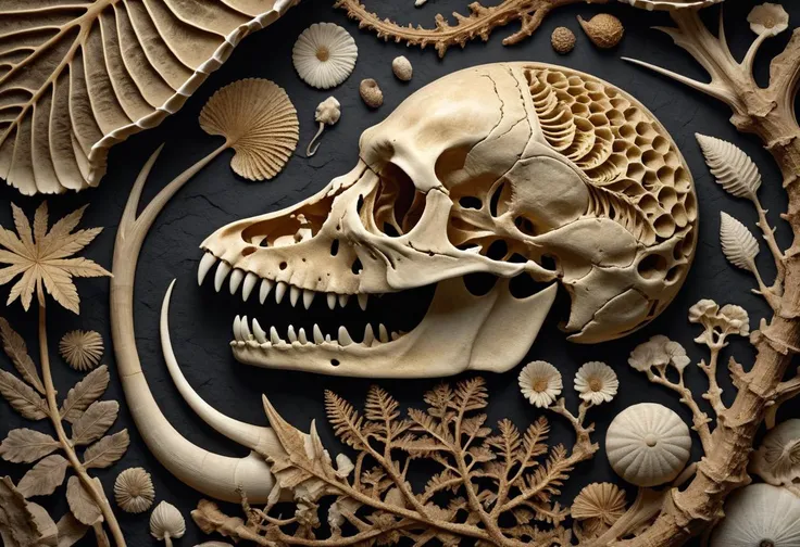 masterpiece, best quality, 8k, professional , by famous artist , trending on artstation, intricated details, detailed, realsitic, boekh , photorealistic, dark shadows, natural light, dramatic, source realistic, Fossils: Photograph fossils of various animals and plants to capture their intricate details and textures.