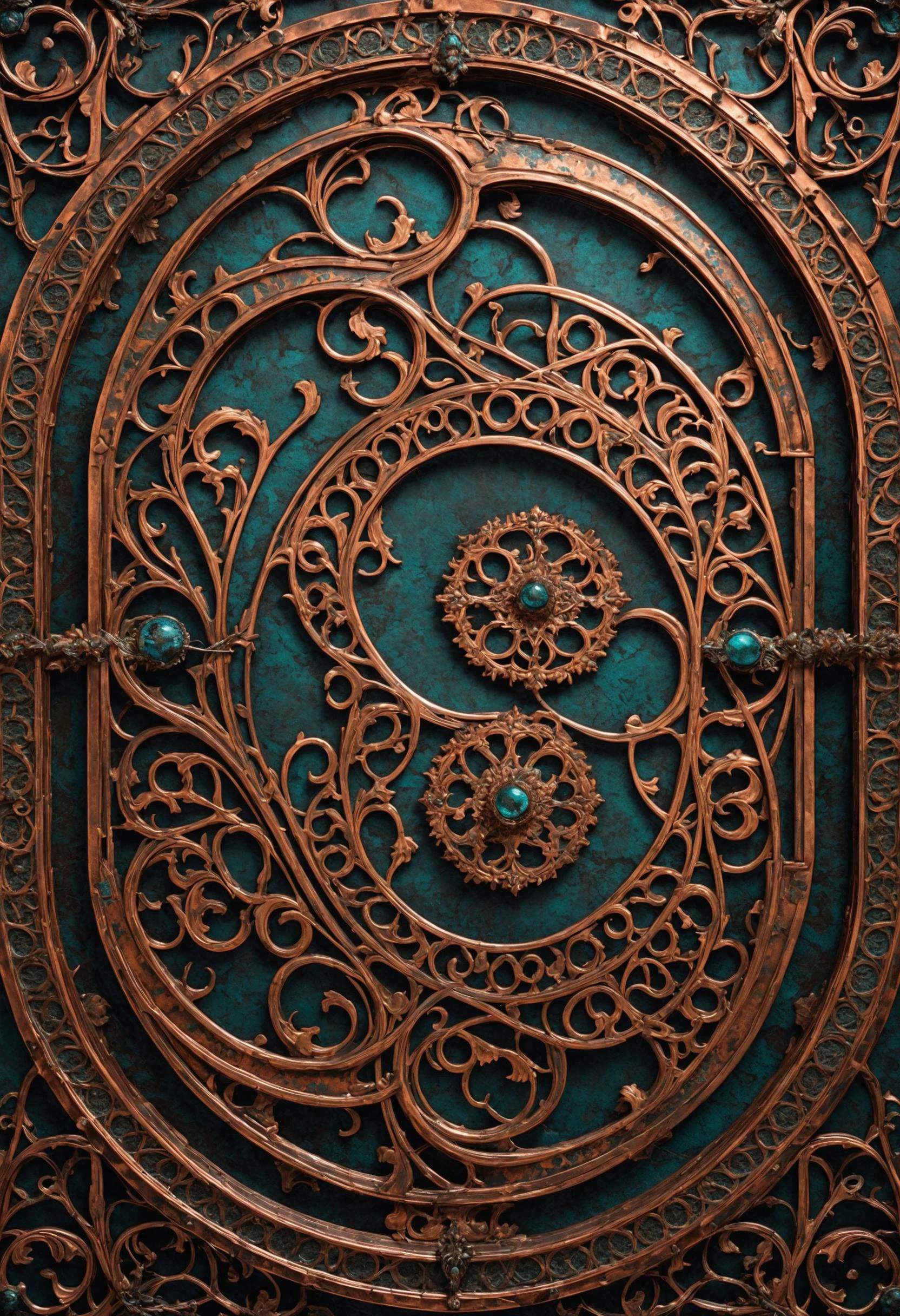 masterpiece, best quality, 8k, professional , by famous artist , trending on artstation, intricated details, detailed, realsitic, boekh , photorealistic, dark shadows, natural light, dramatic, source realistic, Oxidized Copper Surfaces: Photograph the intricate patterns and textures of oxidized copper, creating a sense of ancient and otherworldly decay.
