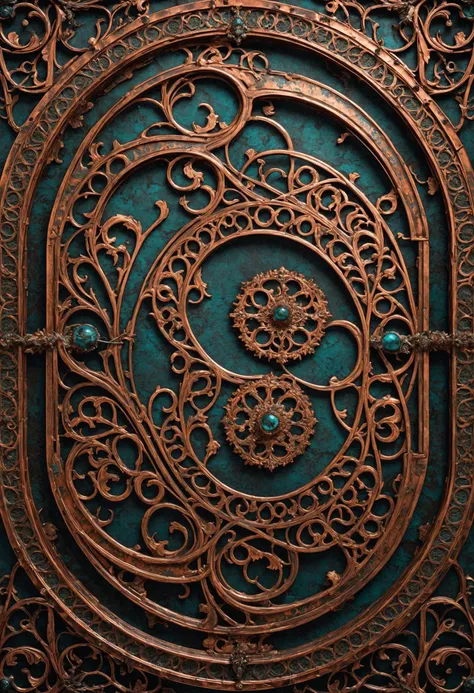 masterpiece, best quality, 8k, professional , by famous artist , trending on artstation, intricated details, detailed,   realsitic, boekh , photorealistic,  dark shadows, natural light, dramatic,  source realistic, Oxidized Copper Surfaces: Photograph the intricate patterns and textures of oxidized copper, creating a sense of ancient and otherworldly decay.