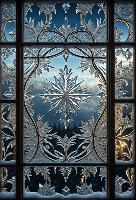 masterpiece, best quality, 8k, professional , by famous artist , trending on artstation, intricated details, detailed,   realsitic, boekh , photorealistic,  dark shadows, natural light, dramatic,  source realistic, Ice crystals on a window: Look for ice crystals forming intricate patterns on a windowpane, creating a captivating and frosty mosaic.