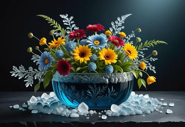 masterpiece, best quality, 8k, professional , by famous artist , trending on artstation, intricated details, detailed,   realsitic, boekh , photorealistic,  dark shadows, natural light, dramatic,  source realistic, Frozen flowers: Fill a container with water and freeze it with flowers inside to create a stunning icy landscape. Use food coloring to add a splash of color.