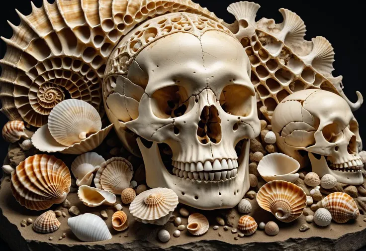 masterpiece, best quality, 8k, professional , by famous artist , trending on artstation, intricated details, detailed,   realsitic, boekh , photorealistic,  dark shadows, natural light, dramatic,  source realistic, Fossilized Shells and Bones: Photograph the intricate details and textures of fossilized shells and bones, evoking a sense of ancient and forgotten life.