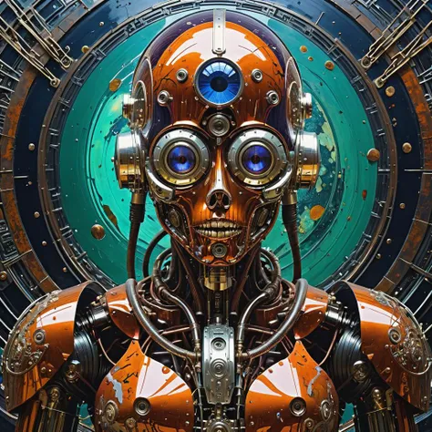 Psychedelic style science fiction photography, analog,  calm  half-demon wizard robot, by Stephan Martiniere and Moebius , in the style of Adrian Ghenie, hyper detailed, intricate, poster art, Artstation, reflective mercury armor plating, RAW photograph,   (intricate details, masterpiece, best quality:1.4), dark, highly detailed, gritty, grungy, insane details, [gothic futurism], [afro-futurism],
 <lora:Artists_Edge-000006:0.4>, (Scratches, nicks, dents, scuffs, rusted, grime, grit) rusted metals, chrome reflections, . Vibrant colors, swirling patterns, abstract forms, surreal, trippy