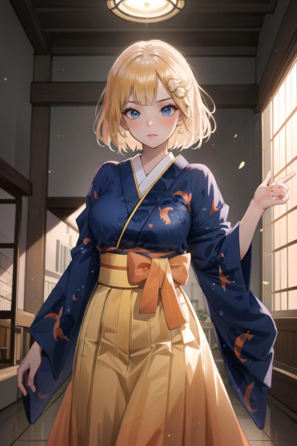 best quality, intricate details,
1girl, <lora:ameliaWatsonHololive_v2AllOutfits:0.8> amelia watson, monocle hair ornament,amelia_kimono, blue kimono, yellow hakama, fish print,
<lora:fukubiriBrokenClothes_v20:0.8> fukubiri,