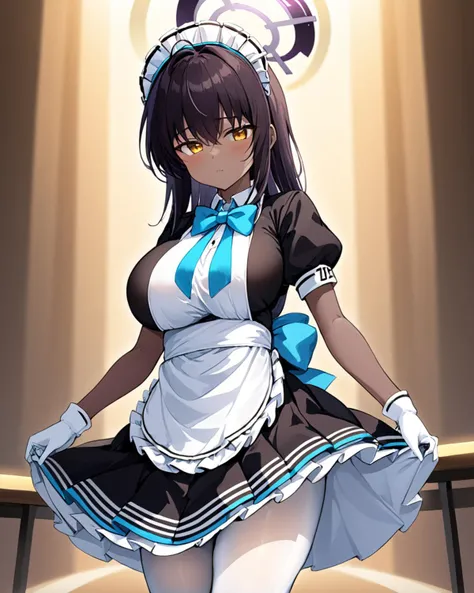 best quality, high resolution, (huge breasts:1.2), cafe, karin kakudate, very dark skin, halo, very long hair, tattoo, maid headdress, black dress, puffy short sleeves, blue ribbon, white apron, white pantyhose, white gloves, black footwear, blush, embarrassed, smile