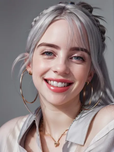 gquality, <lora:billie-10:1> 1girl. solo. looking at viewer. smile. upper body. grey hair. white hair. teeth. grin. blurry background. portrait. realistic. earrings. hoop earrings